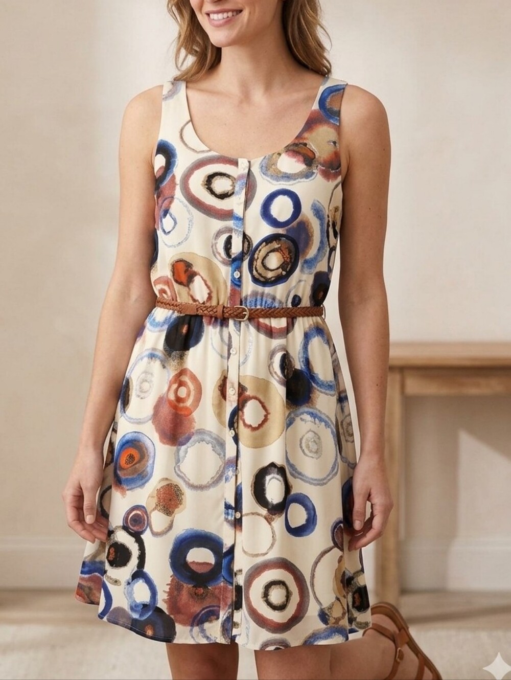 kensie Dress Blue Cream Circle Pattern Size M